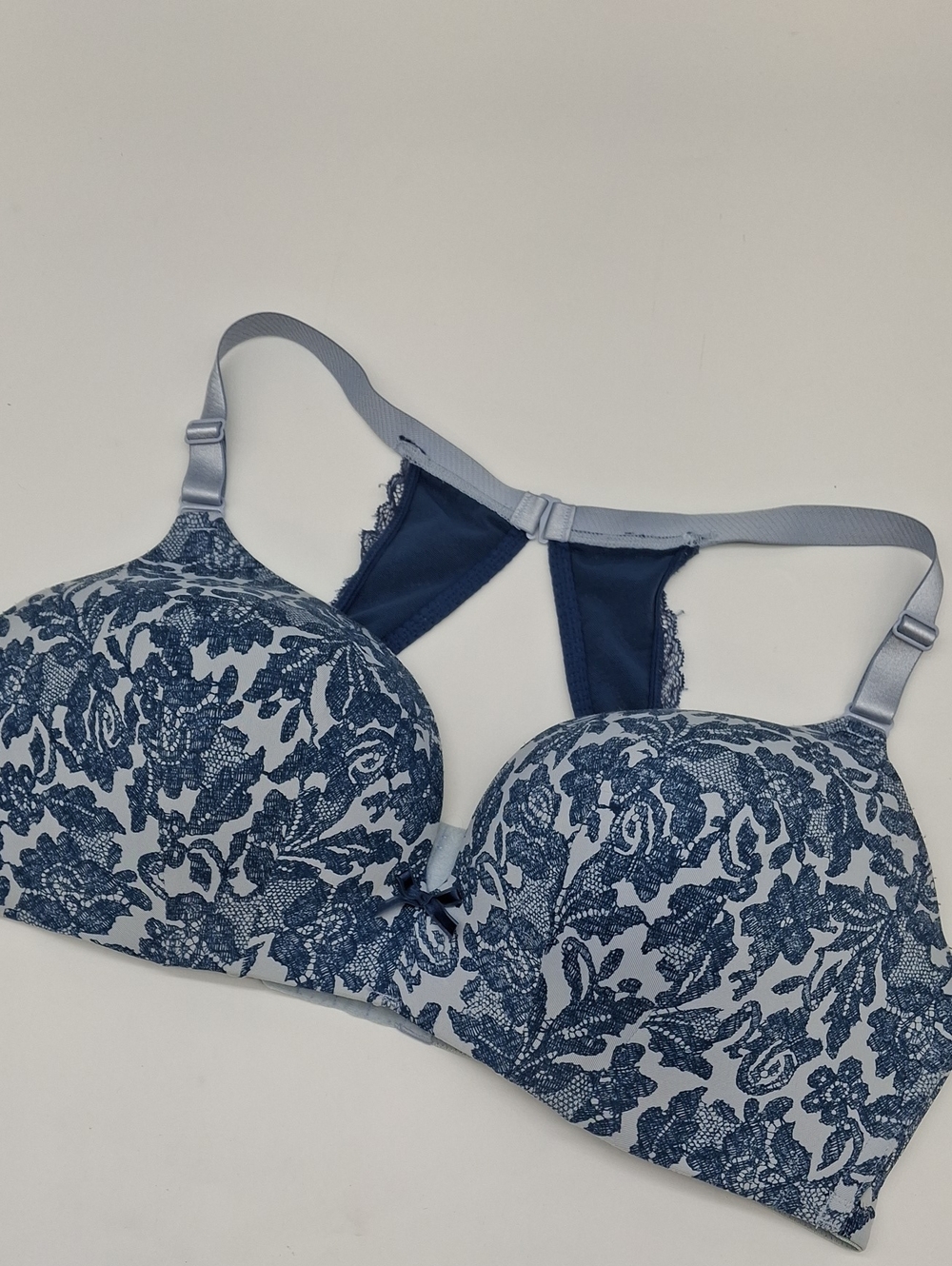 Cacique Lace Print Simply Wire Free Plunge Bra Blue 40DD
